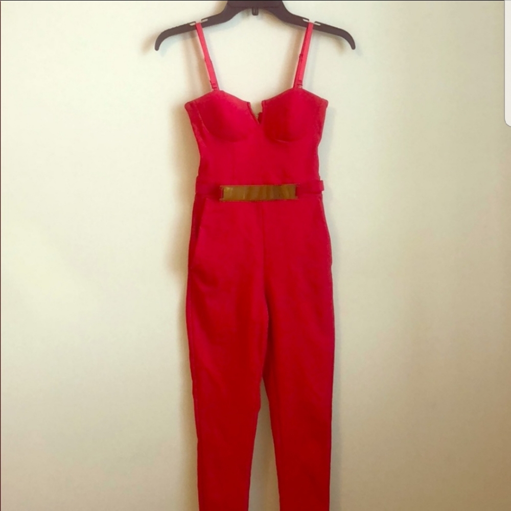 Lulu's Vibrant Red Jumpsuit with Metallic Belt